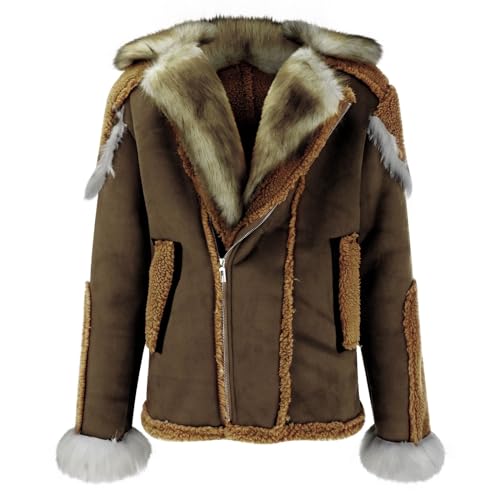 Mens Shearling Leather Coat Thicken Warm Long Sleeve Faux Fur Collar Sherpa Coats Big and Tall Parka Jackets3