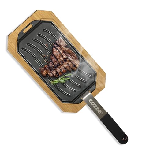 Millarco - Wendbare Gusseisenpfanne mit FSC-zertifiziertem Buchenholztablett, 33x16,5 cm – Abnehmbarer Griff, Zweiseitig für vielseitiges Kochen, LFGB-zugelassen, Black