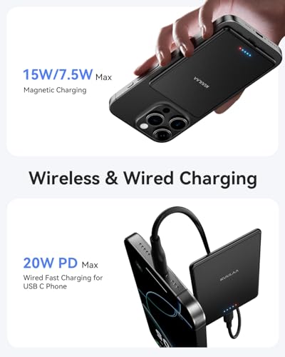 MagSafe Power Bank Ultra Slim, 5000 mAh 6,9 mm, PD20 W, kleine powerbank, magnetische draadloze externe mobiele telefoonaccu's voor iPhone 17 Pro Max/16 Pro/15/14/13/12 Series (zwart) - Afbeelding 5