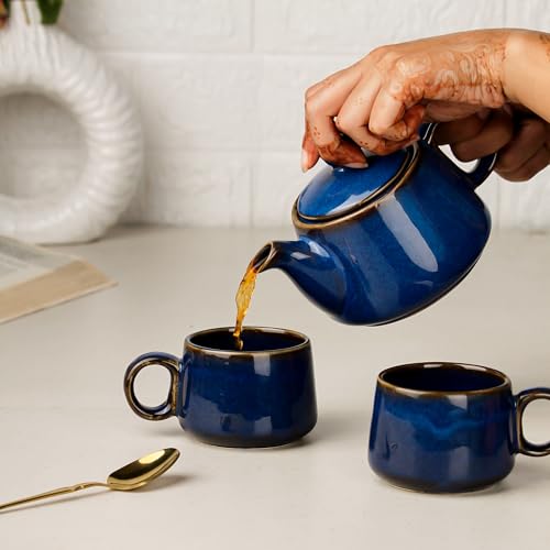 Image of The Earth Store Premium Navy Blue Glaze Ceramic Morning Tea Set - 2 Tea Cups & 1 Kettle Microwave and Dishwasher Safe | Tea Cup with Kettle | Small Morning Set | Ideal for Gifting and Daily Use