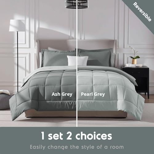 Image of FURBO Microfiber Reversible 200 GSM AC Comforter Set Double Bed with 2 Pillow Covers, Quilt for Double Bed King Size for All Season Comfort (90x100 Inches, Ash Grey & Pearl Grey)