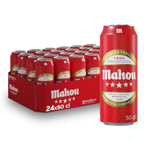 Mahou 5 Estrellas, Pack de 24 Latas x 50 cl, Cerveza Especial Dorada Lager, Sabor 5 Estrellas, 5,5% Volumen de Alcohol