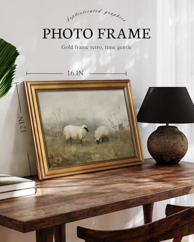 Image of VIYYIEA Vintage Gold Framed Wall Art for Living Room, Sheep Canvas Prints Home Decor, Oil Painting Picture, Bedroom Wall Decor Gifts for Friends or Family -【Valais Blacknose Sheep】-(16L x 12W)