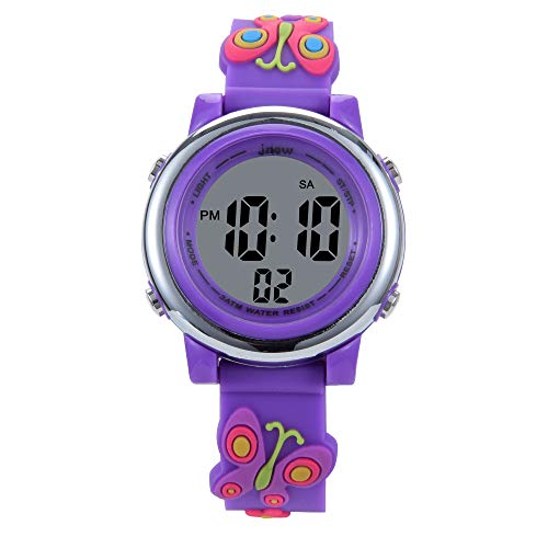 Kids Watches 3D Cartoon Silicone Butterfly Waterproof 7 LED Color Lights Toddler Digital Wrist Watch with Alarm Stopwatch for 3-10 Year Girls Little Child (Purple)