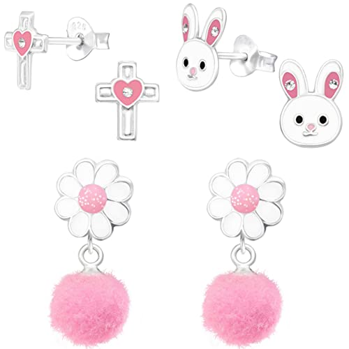 ICYROSE Set of 3 pairs 925 Sterling Silver Pink Easter Bunny Rabbit Cross Spring Flower Stud Earrings (Nickel Free)