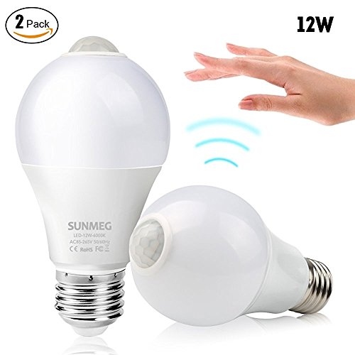 sunmeg Motion Sensor Light Bulb, 12W E26 Smart PIR Sensor LED Bulbs, Cold White 6000K, 1000LM, Automatic LED Light Bulb for Outdoor/Indoor, 2 Pack