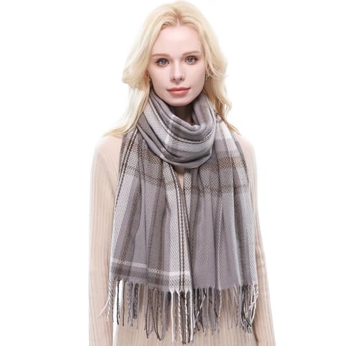 RIIQIICHY Plaid Scarf for Women Fall Winter Pashmina Scarves Wraps for Cold Weather Warm Large Light Grey/Grey/Brown