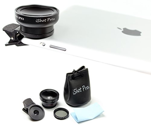iShot Pro 37mm Universal Professional HD Camera Lens Kit for iPad 1234 Air 123 Mini Pro 12.9, iPhone 6s 6s Plus 6 5s or Mobile Phone - 0.45x Super Wide Angle + Macro + *Free* Bonus CPL Filter