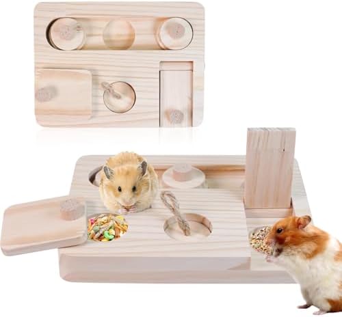 Juguetes para Hámsters 6 en 1 con Alimentación y Forrajeo, Accesorios para Jaula de Madera Natural para Conejos, Cobayas, Jerbos, Hámsters Sirios y Enanos(A)