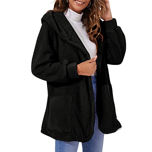 Moniss Casaco macio de lã feminina com capuz aberto frontal manga longa para relaxar no inverno