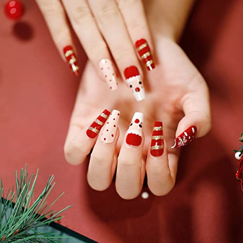Christmas Press on Nails Medium Length Fake Nails Acrylic Nails Red Christmas Glitter Snowflake Elk Santa Design Fake Nails Winter Classic Nail Decoration for Women and Girls (Cute Santa)