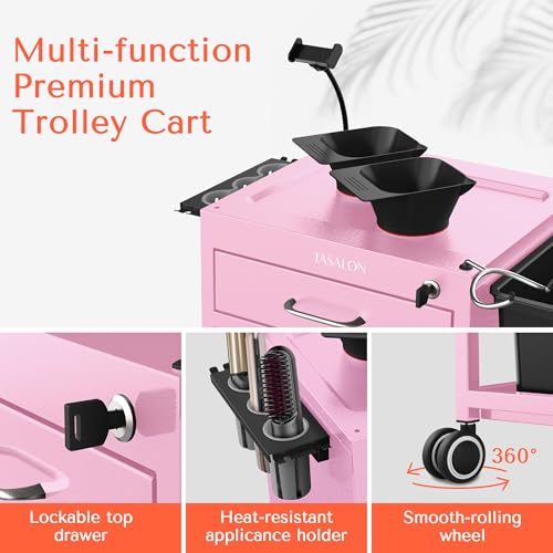 TASALON Salon Rolling Cart with 2 Magnetic Bowls - Space Saving Metal Trolley for Beauty, Tattoo & Hair Stylists, Multipurpose Salon Station Cart (Pink) by TASALON - Image 5