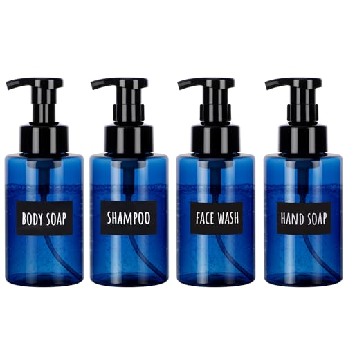 Image of Segbeauty 4pcs Foaming Hand Soap Bottle Set, 13.5oz Empty Refillable Foaming Dish Soap Dispenser Blue, 400ml Plastic Press Pump Foam Pump Bottle Dispenser Container for Conditioner Lotion Bathroom
