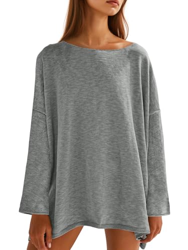Tankaneo Womens Long Sleeve Shirts Oversized Lightweight Sweaters Crewneck Side