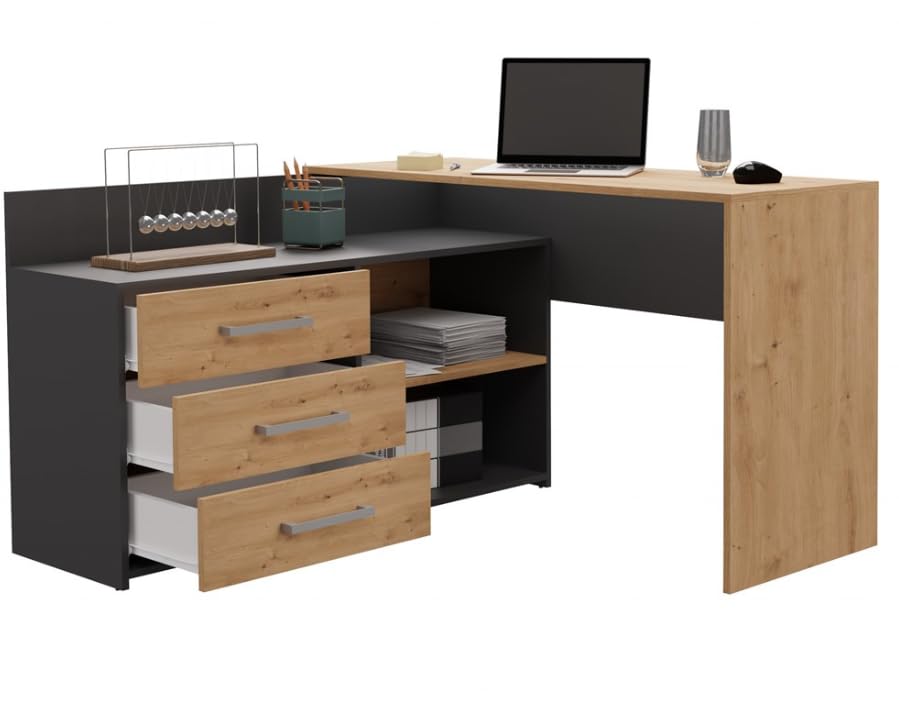 BDW Scrivania angolare destra, 3 cassetti e 2 ripiani, ampio spazio per l' apertura, per camerette, uffici e studi, scrivania angolare, scrivania per ufficio 124x77x85 cm, bianco/grigio
