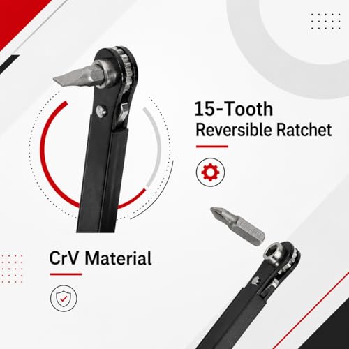 Image of Bates- Low Profile Right Angle Screwdriver with Drill Bits Set, 21 pcs, 1 /4 inch Mini Ratchet Screwdriver with Torx, Hex, Phillips, Flat and Square Bits for Tight Spaces