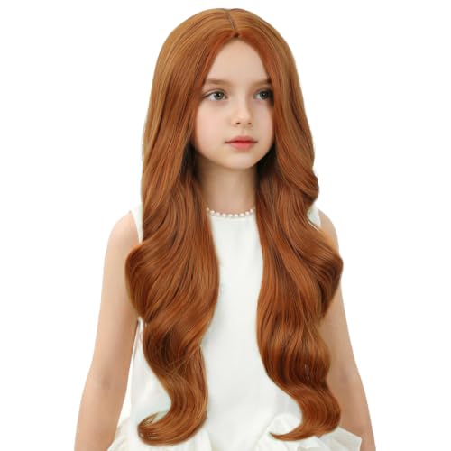 Image of Child Ginger Wig Girls Long Dark Orange Wavy Curly Wig Long Middle Part Wigs for Kids Heat Resistant Synthetic Wigs with Cap