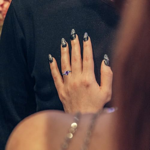 Personalized Engagement Rings Set Engraved Names Promise Rings for Couple Matching Wedding Rings Set for Him and Her Blue and Black Tungsten Rings for Men Women Purple Heart Birthstone Ring2