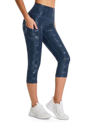 Image of THE GYM PEOPLE Thick High Waist Capris Yoga Pants with Pockets, Tummy Control Workout Running Yoga Leggings for Women