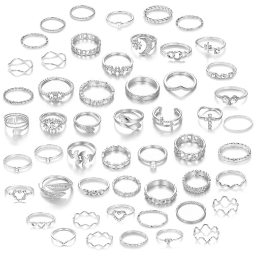 CHICUTIE 52Pcs Silver Knuckle Rings Set For Women Stackable Joint Finger Midi Rings Dainty Cubic Crystal Zirconia Simple Hollow Twist Cute Rings Pack Jewelry Gift