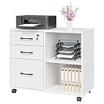 Panana 3 Drawer File Cabinet, Mobile Lateral Printer Stand with 2 Open Storage Shelves Home Office Rolling Mobile Filing Cabinet With Wheels (White)