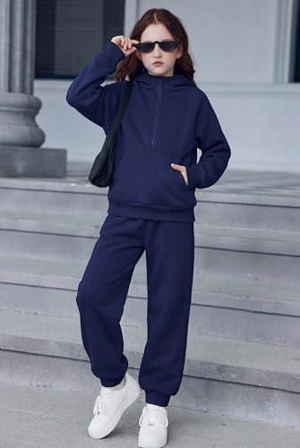 Image of Arshiner Girls 2 Piece Outfits Sweatsuit Half Zip Sweatshirt and Sweatpants | Fall Winter, Drop Shoulder Long Sleeve, Thumbhole Hoodies, with Sweatpant, Jogger Set, Sweat Set, Tracksuits with Pockets