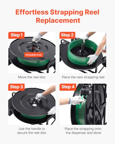Image of VEVOR Banding Strapping Cart, for PET /PP Coils with 8 inch or 16 inch Core, Heavy Duty Strapping Dispenser with Upgrade Drum Brake System, Rubber Wheels and Built-in Spacious Tool Tray, 110 lbs Capacity