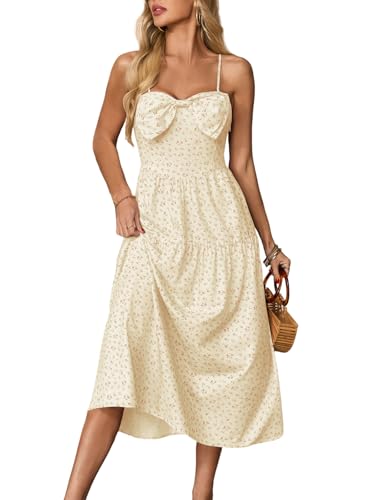 Wenrine Womens Floral Maxi Dress Bow Spaghetti Strap Casual Summer Boho Flowy Beach Sundress Beige