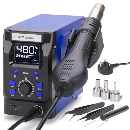 WEP 2009D-II Hot Air Rework Soldering Station Hot Air Rework Station with Detachable Hot Air Gun 4 Preset Channels Digital LED Display Adjustable Temperature 100-480 PID Temp Stabilization(UK)