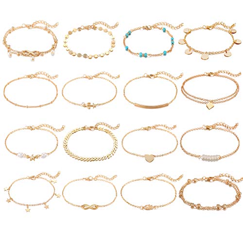 XIA YAN 16Pcs Anklets for Women Girls Boho Layered Silver Gold Anklets Set Adjustable Chain Ankle Bracelets for Teen Girls Gifts