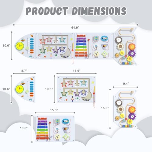 Image of Spacocld Rocket Activity Wall Busy Board Panels - Sensory Wall Panel for Kids, Montessori Toddler Wall Activity Board, Wall Toys for Toddlers 3, Activity Cube, Wooden Boards, White Grey(4PCS)