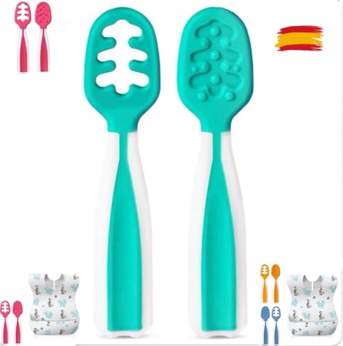 ALONSA® 2 Unidades Verdes Cucharas Aprendizaje Bebé de Silicona Seguras | Precuchara BLW para Bebés de 6-18 Meses | Cucharas Bebé Aprendizaje | Introducción de Alimentos | Alivio de Encías