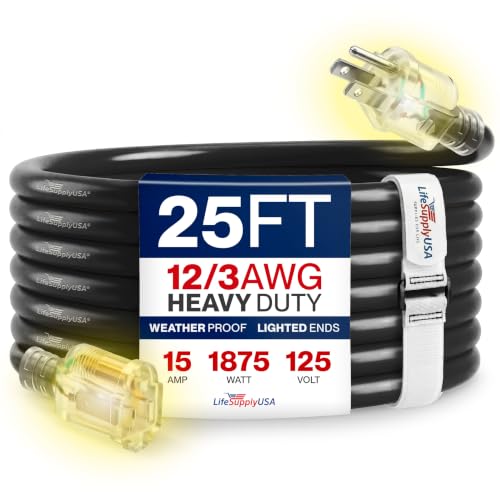 25ft Outdoor/Indoor Extension Cord 12/3 Gauge Extra Heavy Duty 3 Prong SJTW (5-15P/5-15R), Waterproof, Flexible Cold-Resistant Long Power Cord,15A 125V 1875W, Black by LifeSupplyUSA