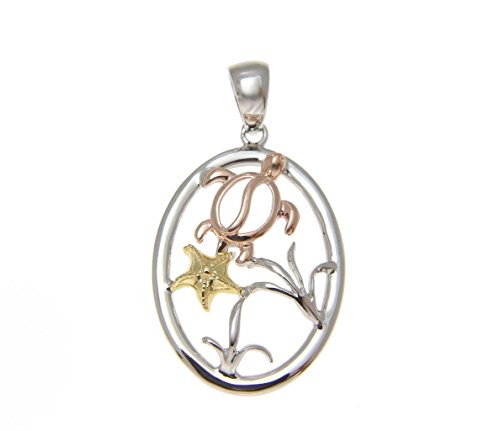 Arthur's Jewelry 925 Sterling silver yellow rose gold tricolor plated Hawaiian honu turtle starfish in oval pendant