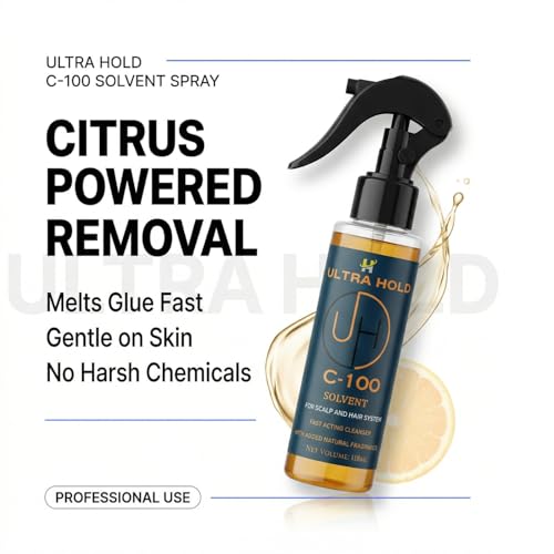 Image of Ultra Hold C100 Hair Patch Remover Solvent Spray 118ml | Citrus-Based Patch Glue Remover | Fast-Acting Wig Adhesive & Hair Patch Tape Remover Spray | Wig Residue Cleaner for Men & Women