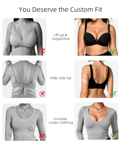 Upushall Push Up Padded Bra Add 2 Cups Plunge Underwire Support Back Smoothing T-Shirt Balconette Bras for Women Black 34B — view 2