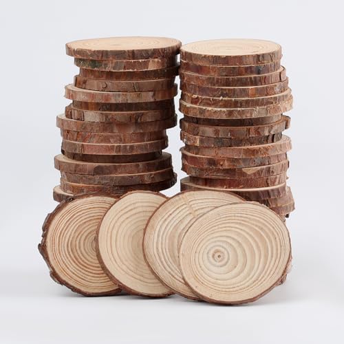 50PCS Unfinished Natural Wood Slices with Bark, 2-2.3 inch Round