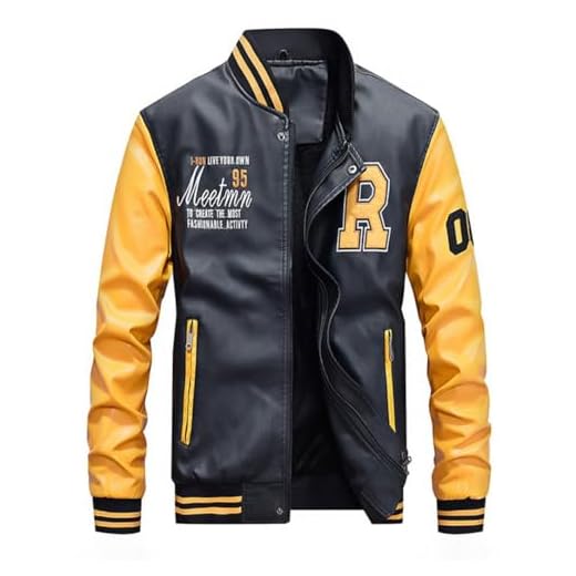 Lavnis Jaqueta masculina de couro sintético, casual, com gola alta, caimento justo, Amarelo, XGG