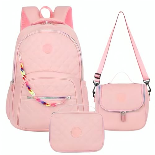 Mochila Escolar Feminina Infantil Impermeável Kit Bolsa Grande De Costas + Estojo Jumbo Box + Lancheira Térmica Menina Criança Juvenil Reforçada Cabe Notebook (Rosa Claro)