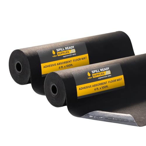 Spill Ready 4' x 100' Adhesive Absorbent Floor Mat Roll, Heavyweight Oil, Grease & Water Floor Mat | Garage Mats - Black (2-Pack)