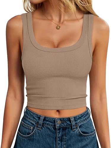 ANRABESS Tank Tops for Women Scoop Neck Crop Sleeveless Top Summer Going Out Basic Tee Cute Ribbed Slim Shirts Clothes 2026 Medium Dark Khaki