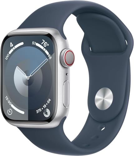 Image of Apple Watch Series 9 [GPS + Cellular 41mm] Silver Aluminum Case with Storm Blue Sport Band, S /M (Renewed Premium)