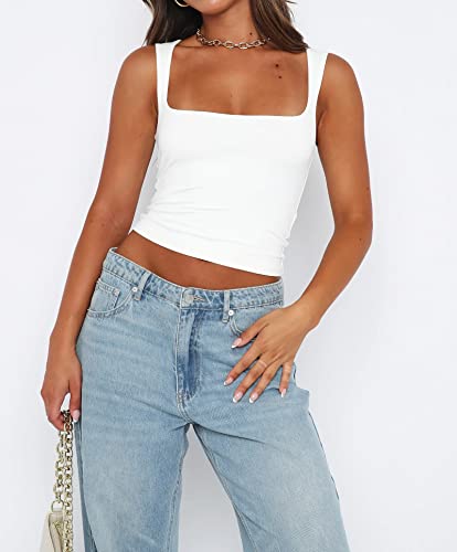 Cioatin Women’s Basic Sleeveless Strappy Scoop Neck Crop Tank Top Y2K Workout Cropped Cami Shirt 2023 Trendy White #TOP1