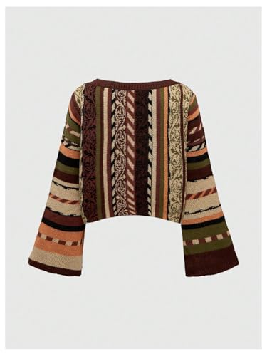 SHENHE Women's Bell Sleeve Crew Neck Tribal Striped Sweater Hippie 70s Vintage Cropped Sweater2
