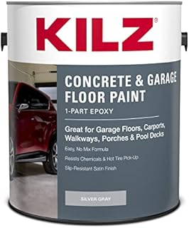KILZ 1-Part Epoxy Acrylic Concrete and Garage Floor Paint, Interior/Exterior, Satin, Silver Gray, 1 Gallon