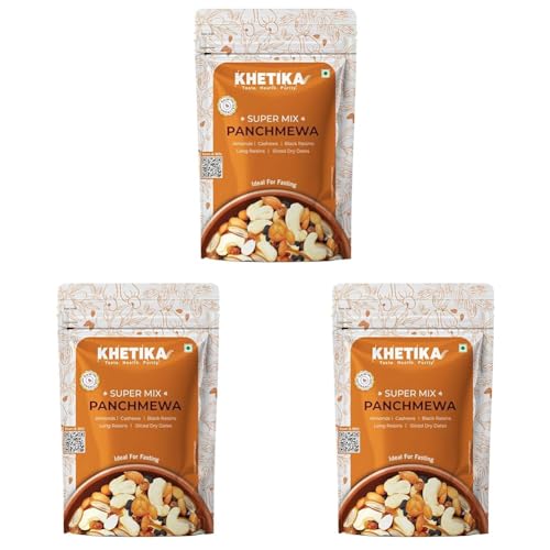 Image of Khetika Premium Panchmeva 200g | 5 Superfood in 1 Mix, Dry Fruits, Mixed Nuts, Mixed Fruits, Contains Cashew, Almond, Long Raisins, Black Raisins, Sliced Dry Dates (Pack of 3)