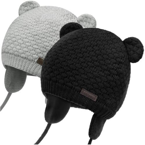 Image of Duoyeree Baby Winter Hat, Bear Knit Earflaps Cotton Lined for Toddler Kids | Windproof bear earflap; double layer cotton lined knit; unisex infant hat, 3 sizes 0-18m for autumn winter daily wear