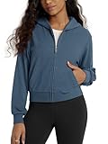 ODODOS Women's Stretch Fleece Full Zip Hoodie, Ultra-Soft Cozy Warm Long Sleeve Cropped Jacket with Pockets, Bijou Blue Heather, Medium