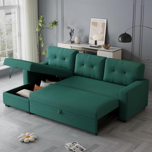 Image of Torque Lucia L Shape Sofa Cuma Bed with Storage- Green LHS | Folding Sofa Cum Bed for Living Room | L Shape 4 Seater Sofa for Guest Room Office