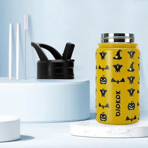 Image of BJPKPK 15oz Insulated Water Bottle with Straw Lid, 15oz Stainless Steel Water Bottles, Reusable Leak Proof BPA-Free Thermos with 2 Straws, 1 Straw Brush(Halloween)